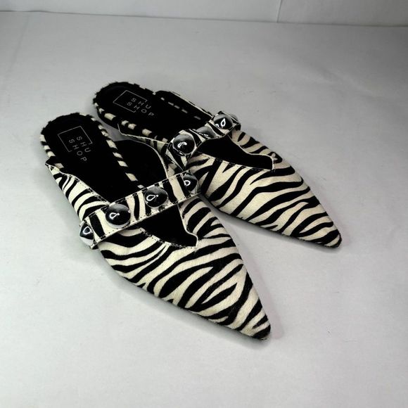 Shu Shop Alma Leather Zebra Hair Mules Ballerina Silver Pointed Toe Womens - Picture 1 of 10